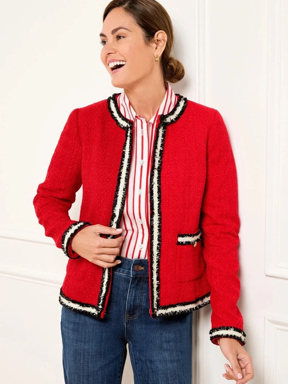 Talbots 6 Red Black White Gold Tone Tweed Fringe Stripe Blazer Jacket